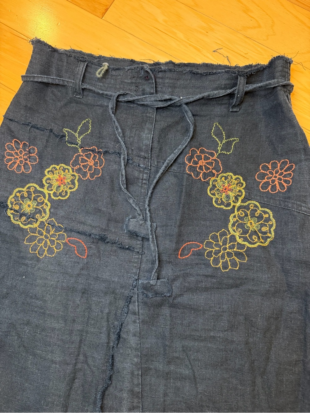 Embroidered Navy A-Line Midi Skirt with Drawstring Waist - Picture 3 of 12
